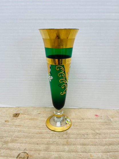 MCM GREEN HANDPAINTED FLORAL GOBLET 10" 3.5"