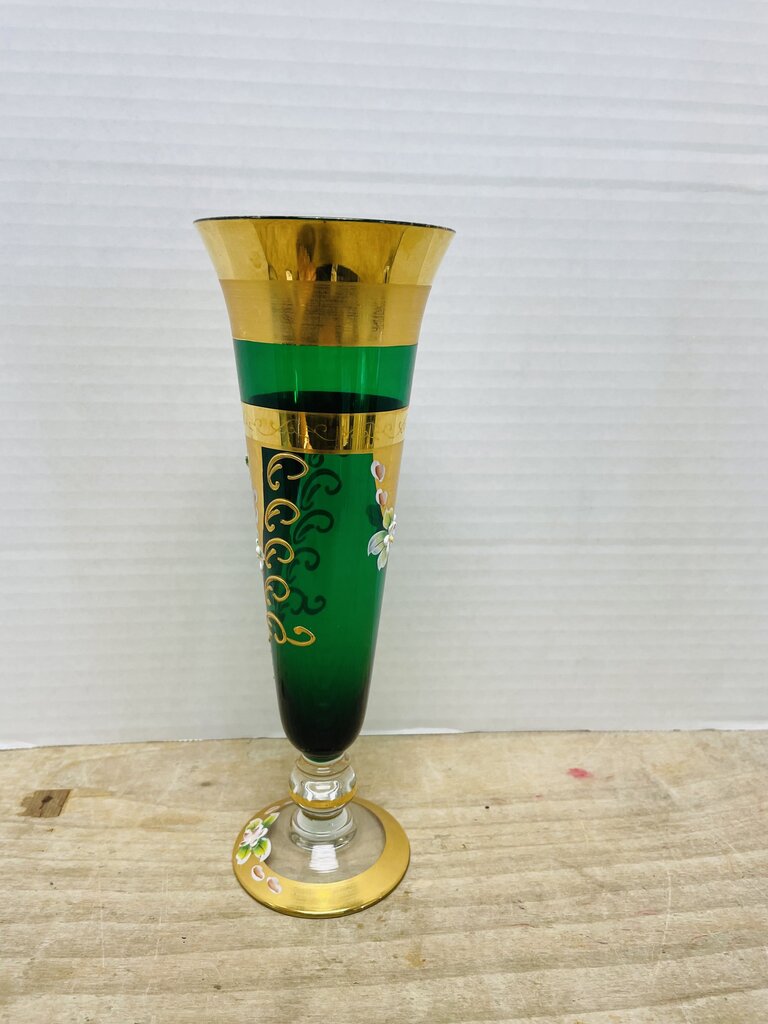 MCM GREEN HANDPAINTED FLORAL GOBLET 10" 3.5"