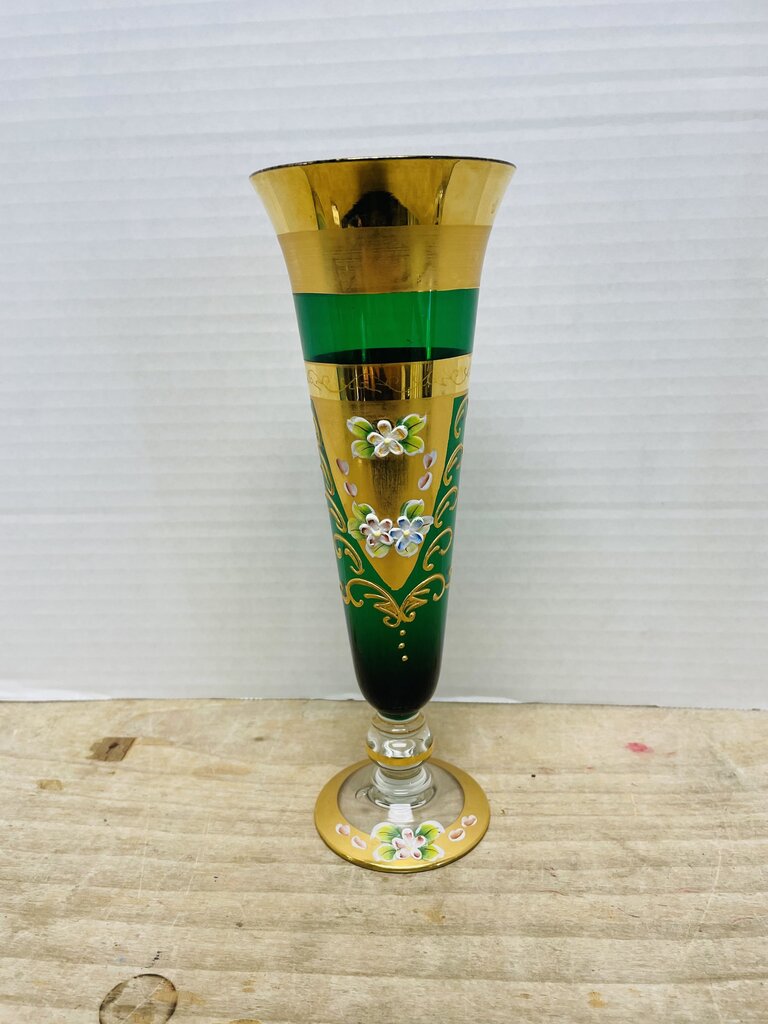 MCM GREEN HANDPAINTED FLORAL GOBLET 10" 3.5"