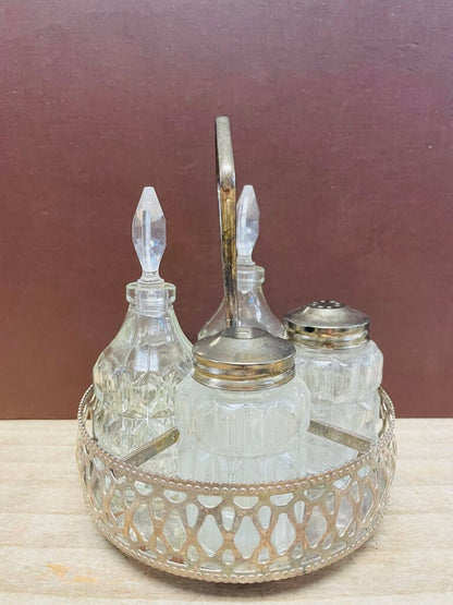 VINTAGE 4 PIECE CRUET SET W/ SILVER PLATED TRAY