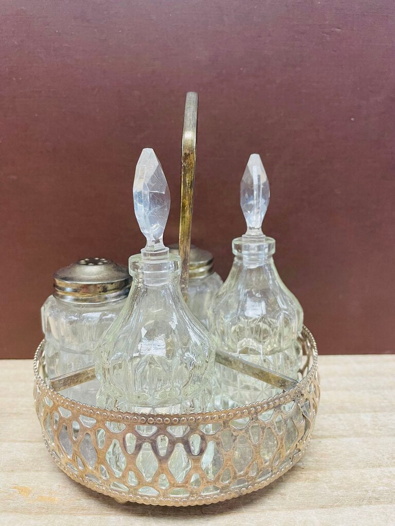 VINTAGE 4 PIECE CRUET SET W/ SILVER PLATED TRAY