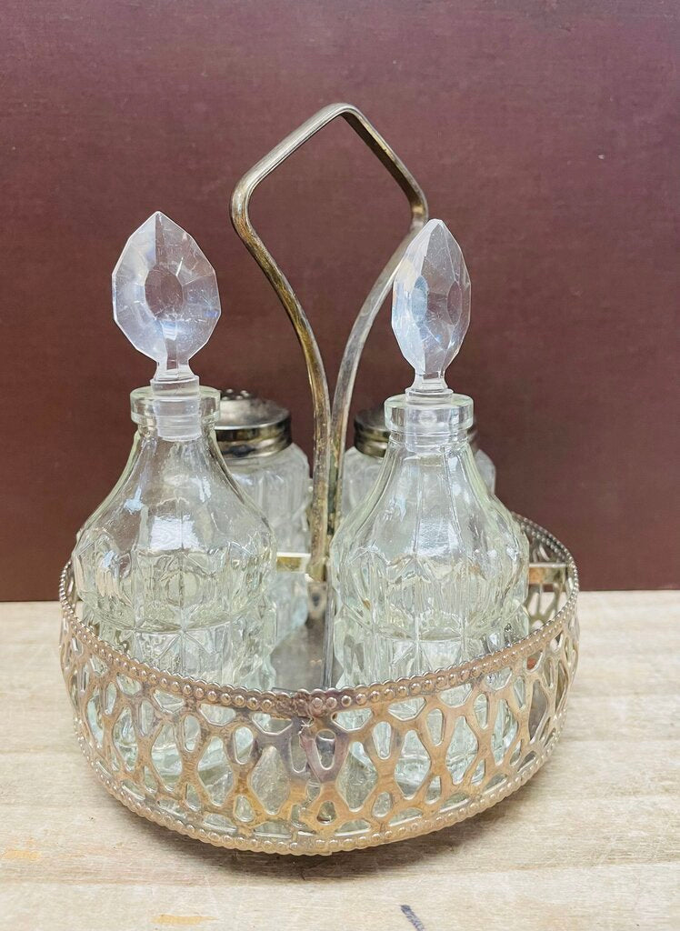 VINTAGE 4 PIECE CRUET SET W/ SILVER PLATED TRAY