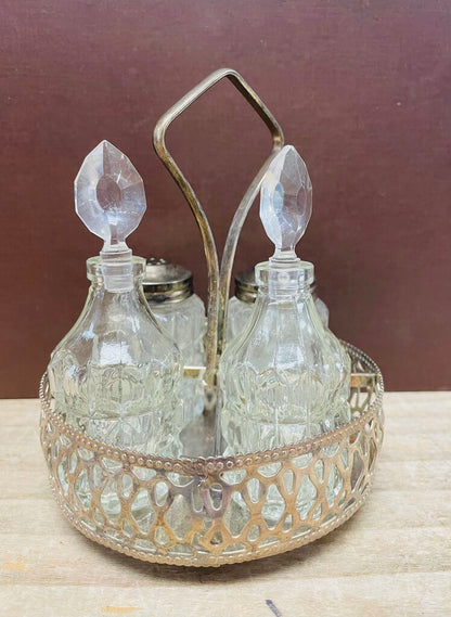 VINTAGE 4 PIECE CRUET SET W/ SILVER PLATED TRAY