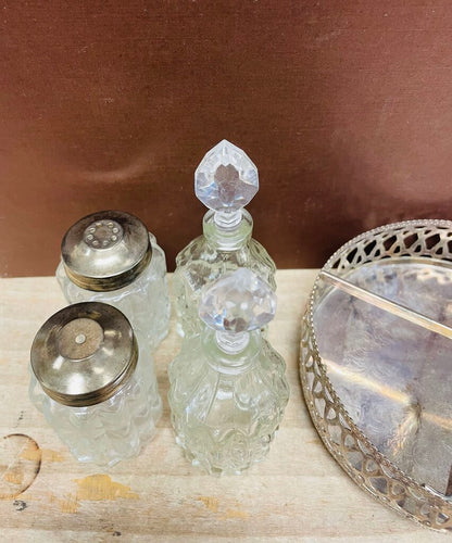 VINTAGE 4 PIECE CRUET SET W/ SILVER PLATED TRAY