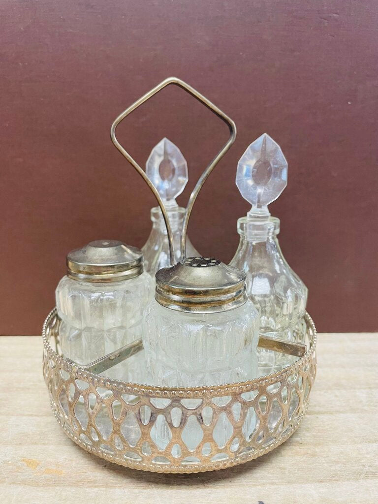 VINTAGE 4 PIECE CRUET SET W/ SILVER PLATED TRAY