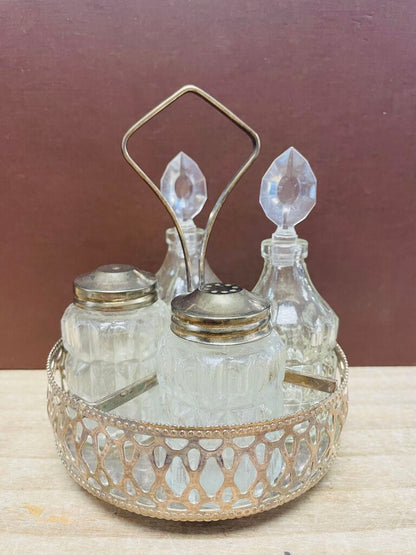 VINTAGE 4 PIECE CRUET SET W/ SILVER PLATED TRAY
