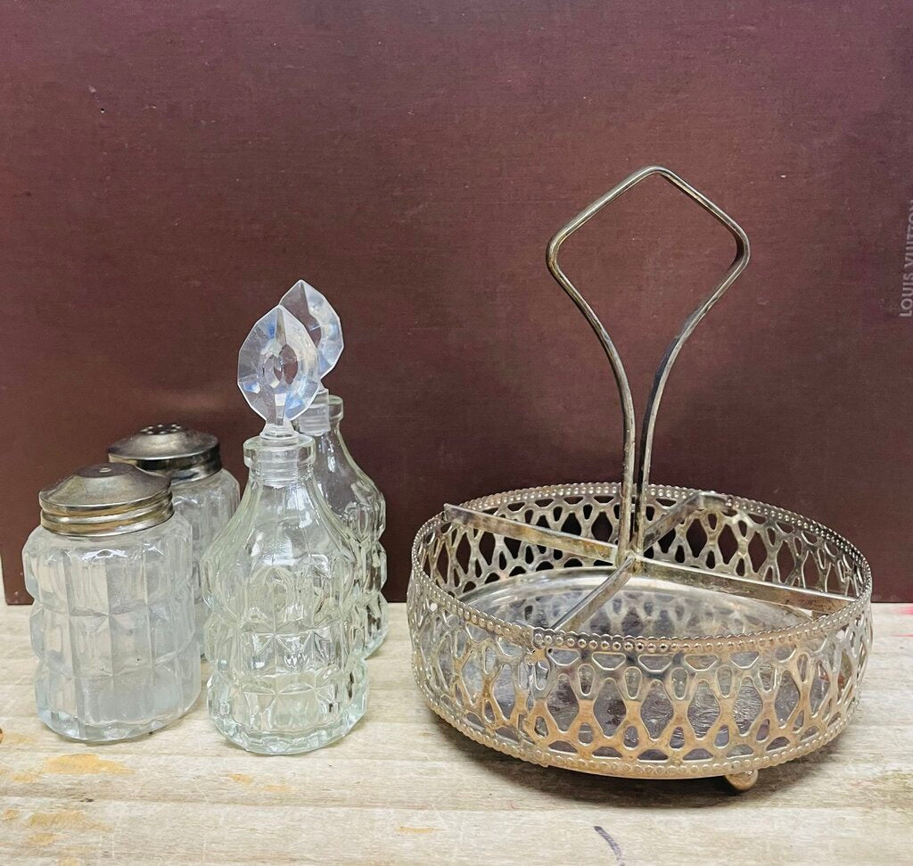 VINTAGE 4 PIECE CRUET SET W/ SILVER PLATED TRAY