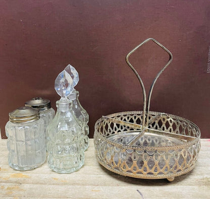 VINTAGE 4 PIECE CRUET SET W/ SILVER PLATED TRAY