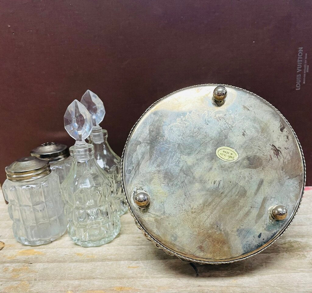 VINTAGE 4 PIECE CRUET SET W/ SILVER PLATED TRAY