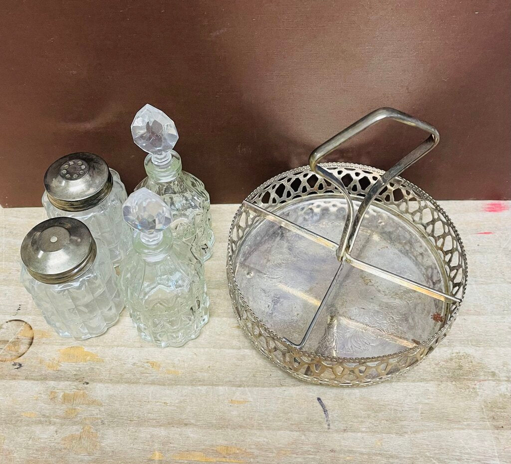 VINTAGE 4 PIECE CRUET SET W/ SILVER PLATED TRAY