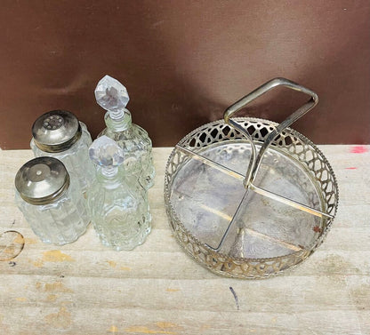 VINTAGE 4 PIECE CRUET SET W/ SILVER PLATED TRAY