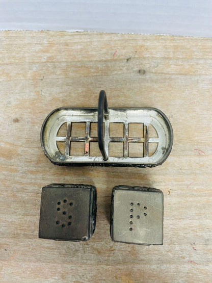 VINTAGE SILVER PLATED SALT AND PEPPER SHAKER W/ CARRY BASKET
