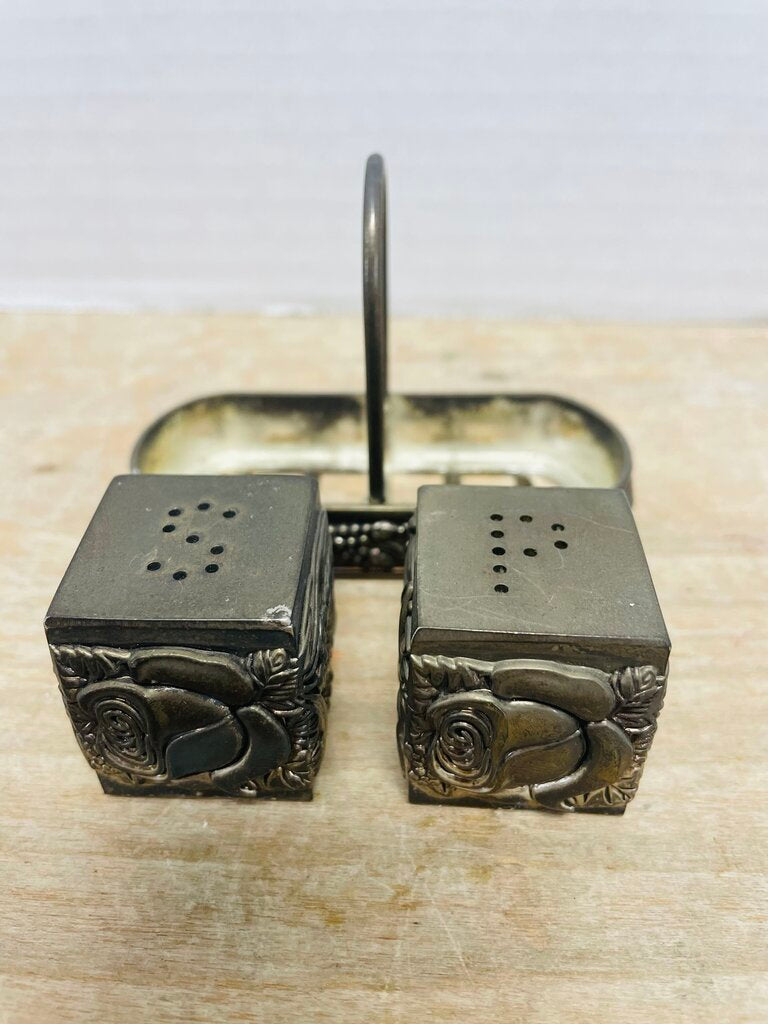 VINTAGE SILVER PLATED SALT AND PEPPER SHAKER W/ CARRY BASKET