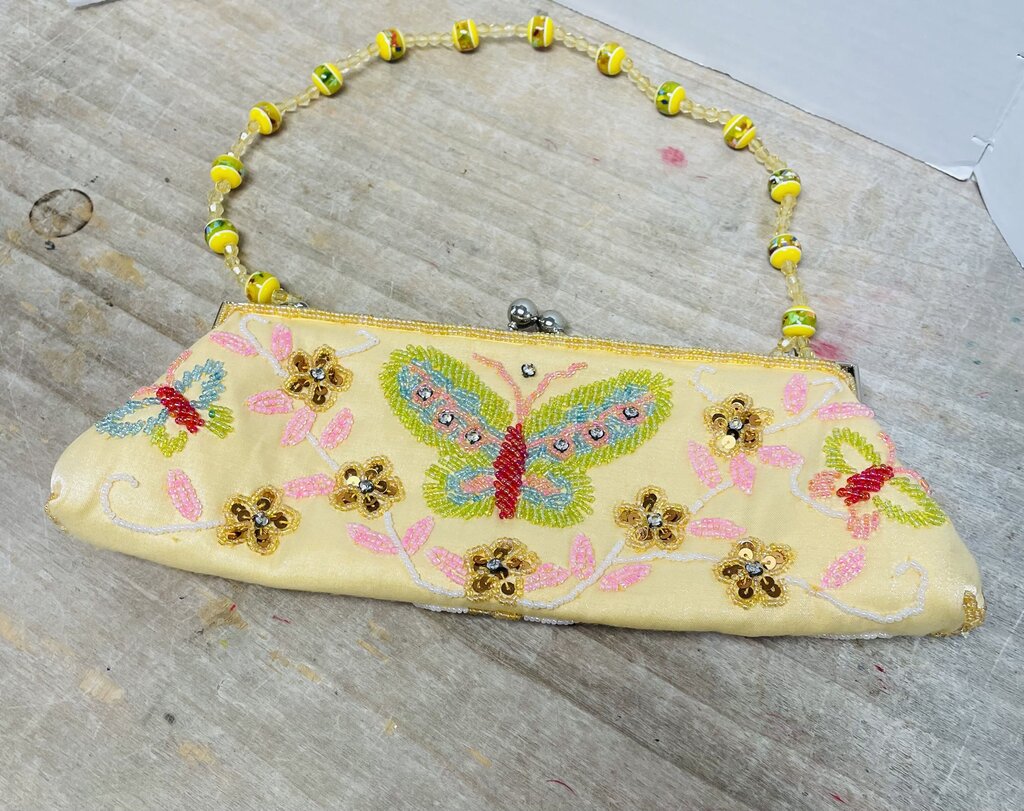 VINTAGE BEADED CLUTCH YELLOW BUTTERFLY