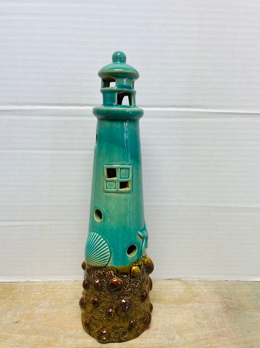 CERAMIC BLUE CRACKLE LIGHT HOUSE GLAZED