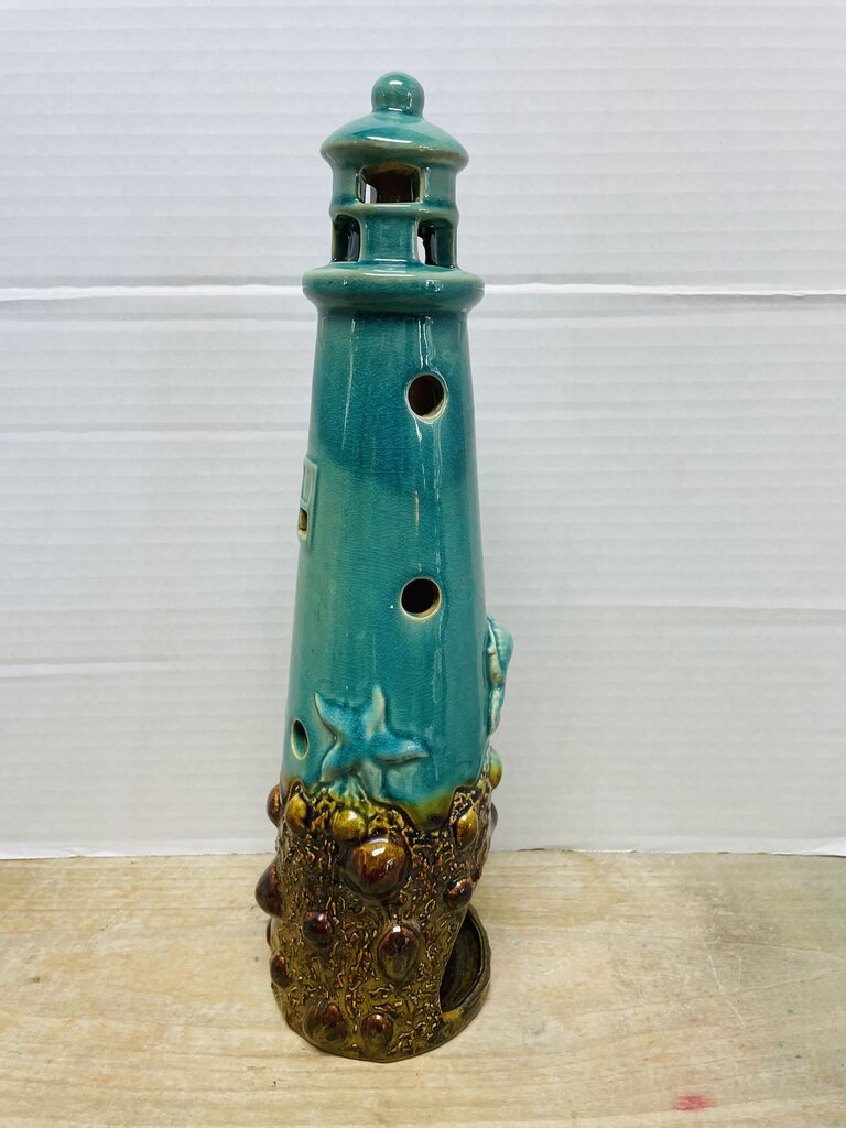 CERAMIC BLUE CRACKLE LIGHT HOUSE GLAZED